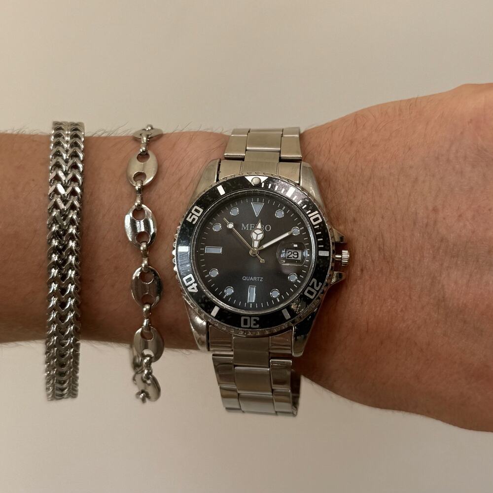 Y2K Silver Black Diver Style Quartz Watch with Date Unisex 8.5" New